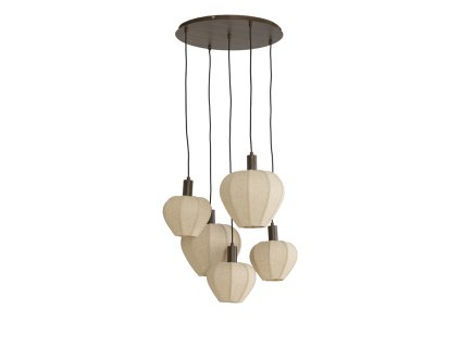 Závesná lampa 5L Ø76x140 cm HUXI potlač dreva hnedá+ľanová prírodná