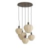 Závesná lampa 5L Ø76x140 cm HUXI potlač dreva hnedá+ľanová prírodná